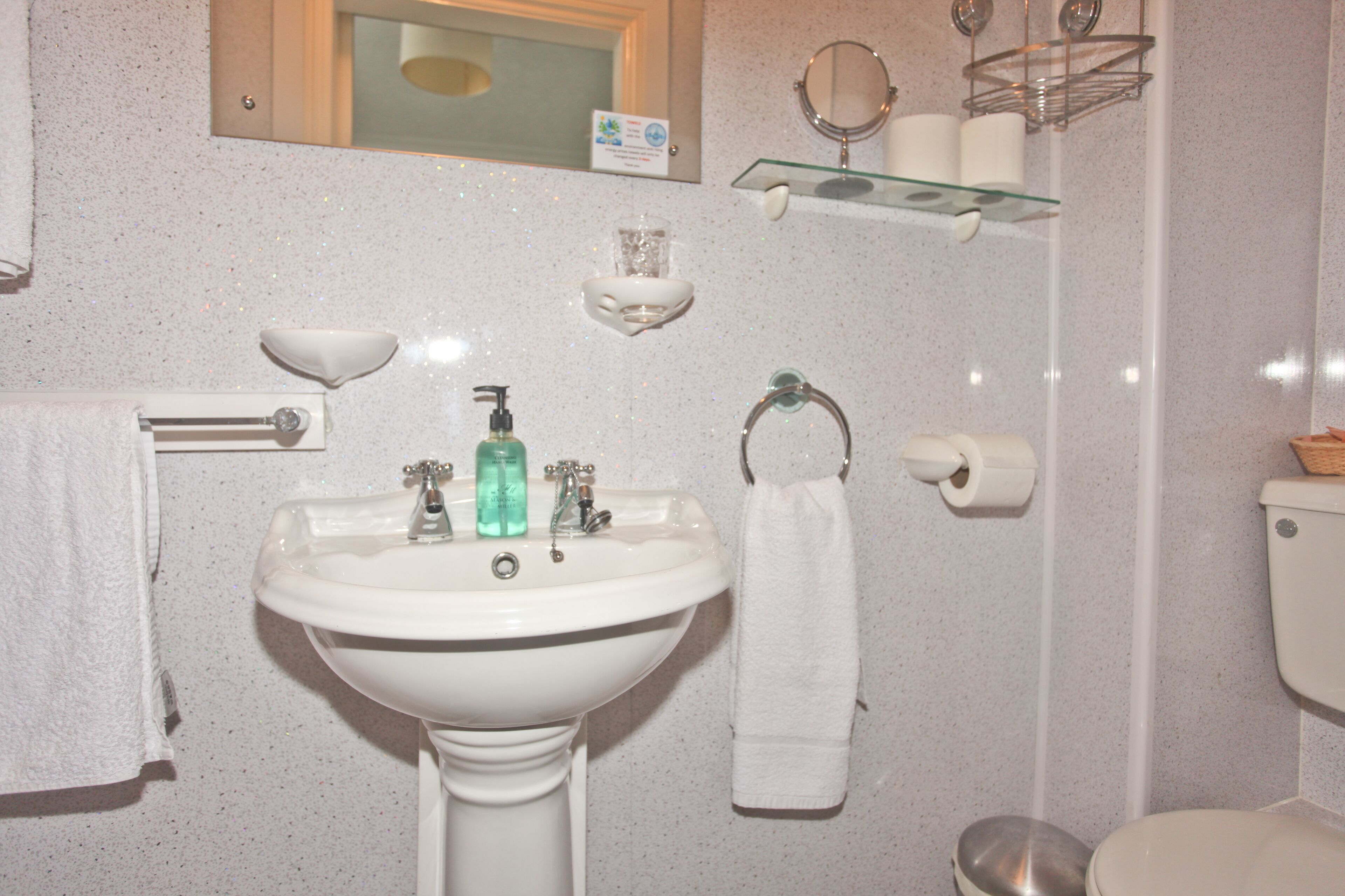 Ein Badezimmer mit weißem Waschbecken, einem Spiegel, einer Seifenschale aus Glas, einer Toilette und einem Handtuchhalter.