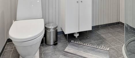 A modern bathroom with a white toilet, a sink with a mirror above it, and a shower area.