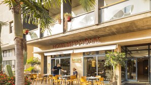 Un hotel con terraza exterior, palmeras y plantas en macetas.