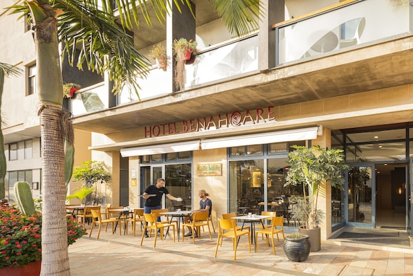 Un hotel con terraza exterior, palmeras y plantas en macetas.