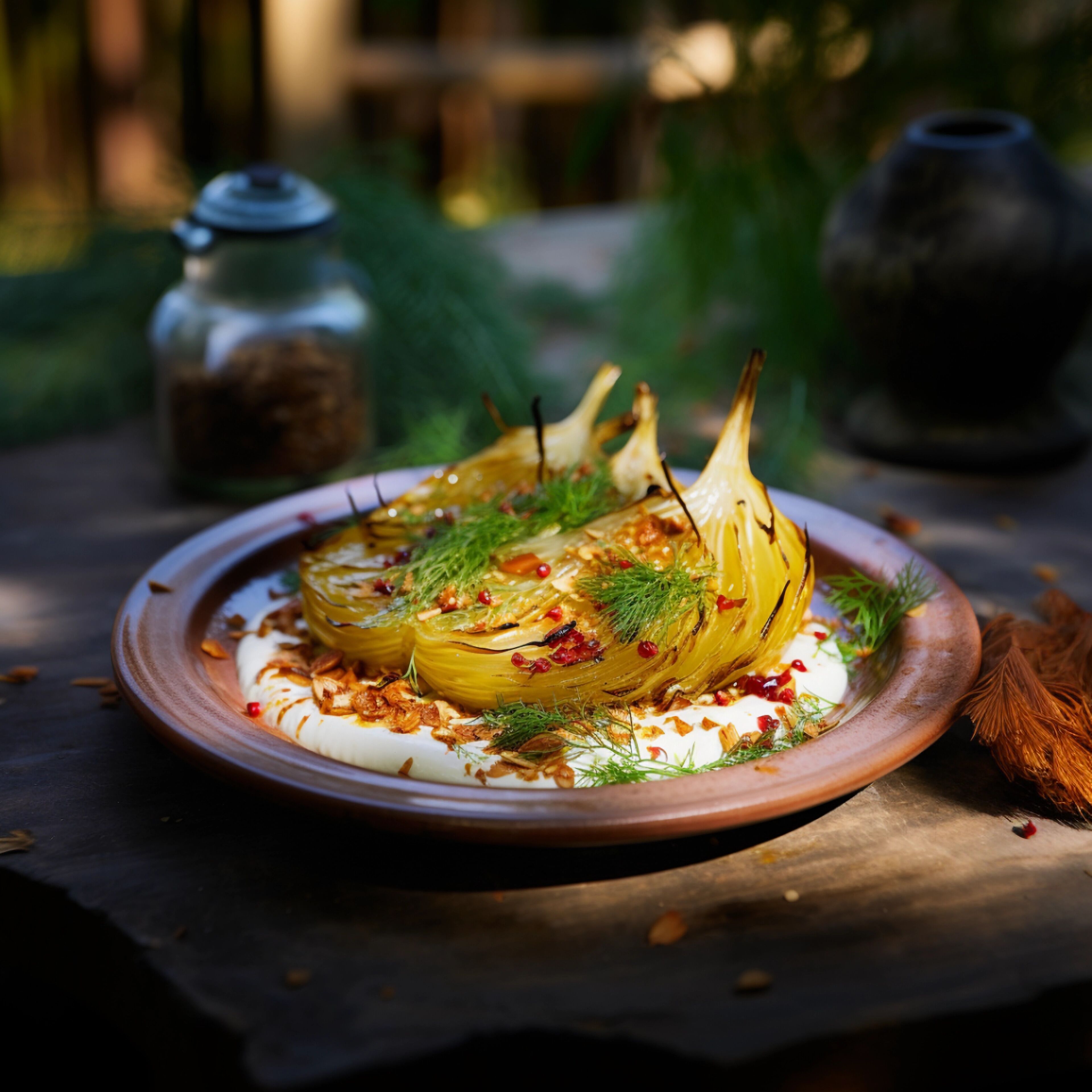 Un plato de comida con una base cremosa, adornado con verduras a la parrilla y hierbas aromáticas.