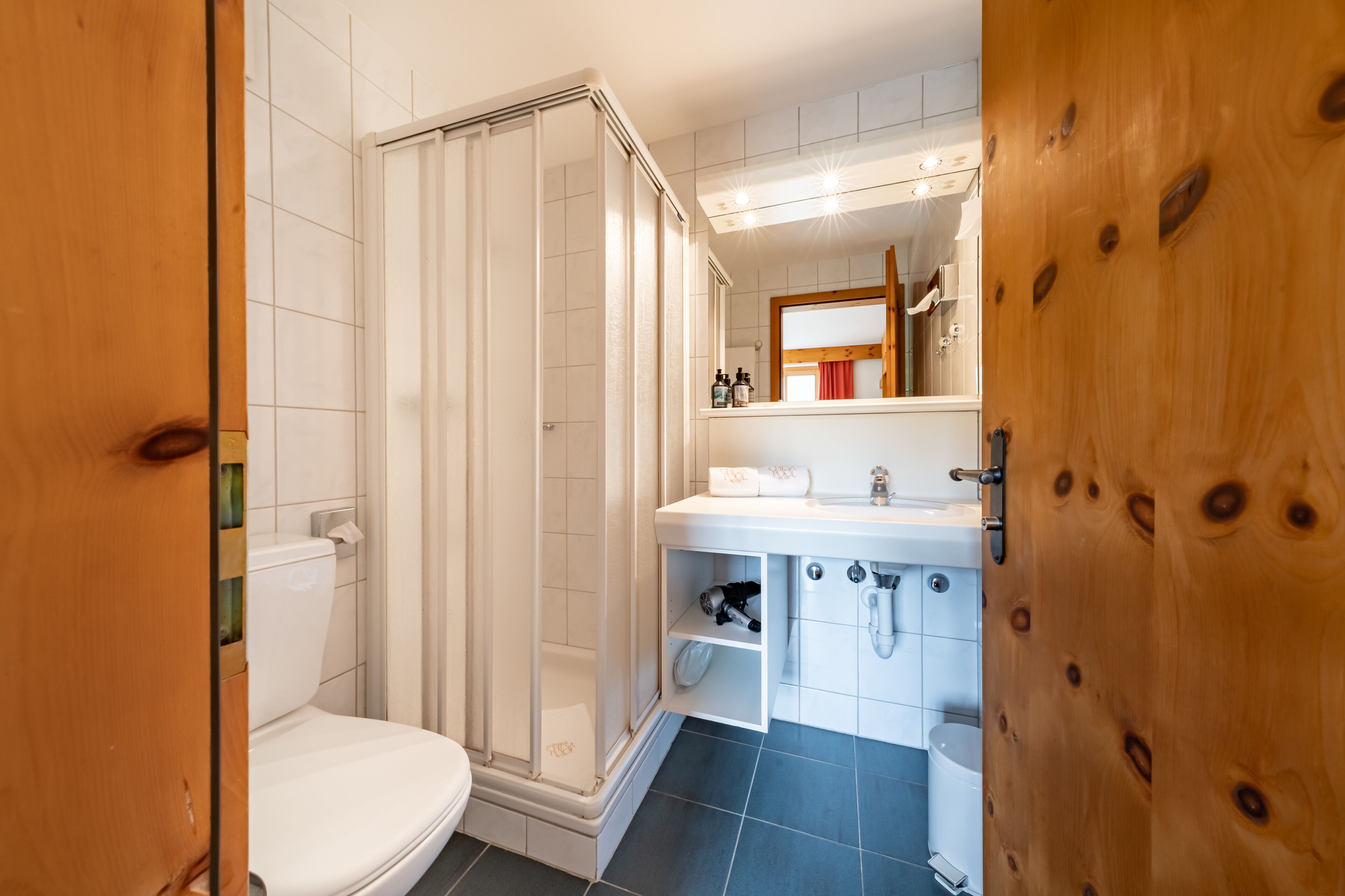 Un baño con ducha, inodoro, lavabo y espejo.