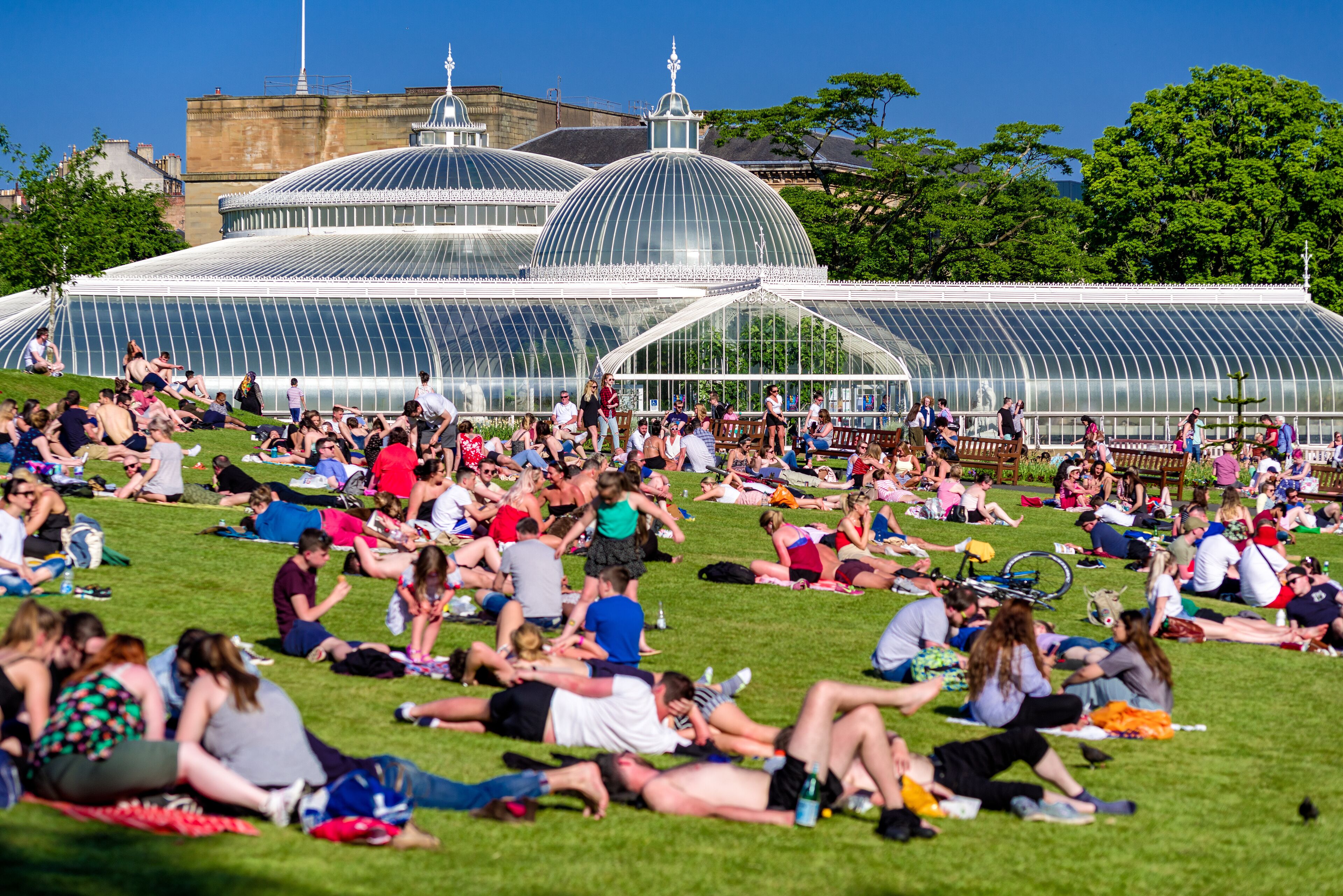 Una gran estructura al aire libre con varias secciones abovedadas, rodeada por un espacio verde donde personas descansan.