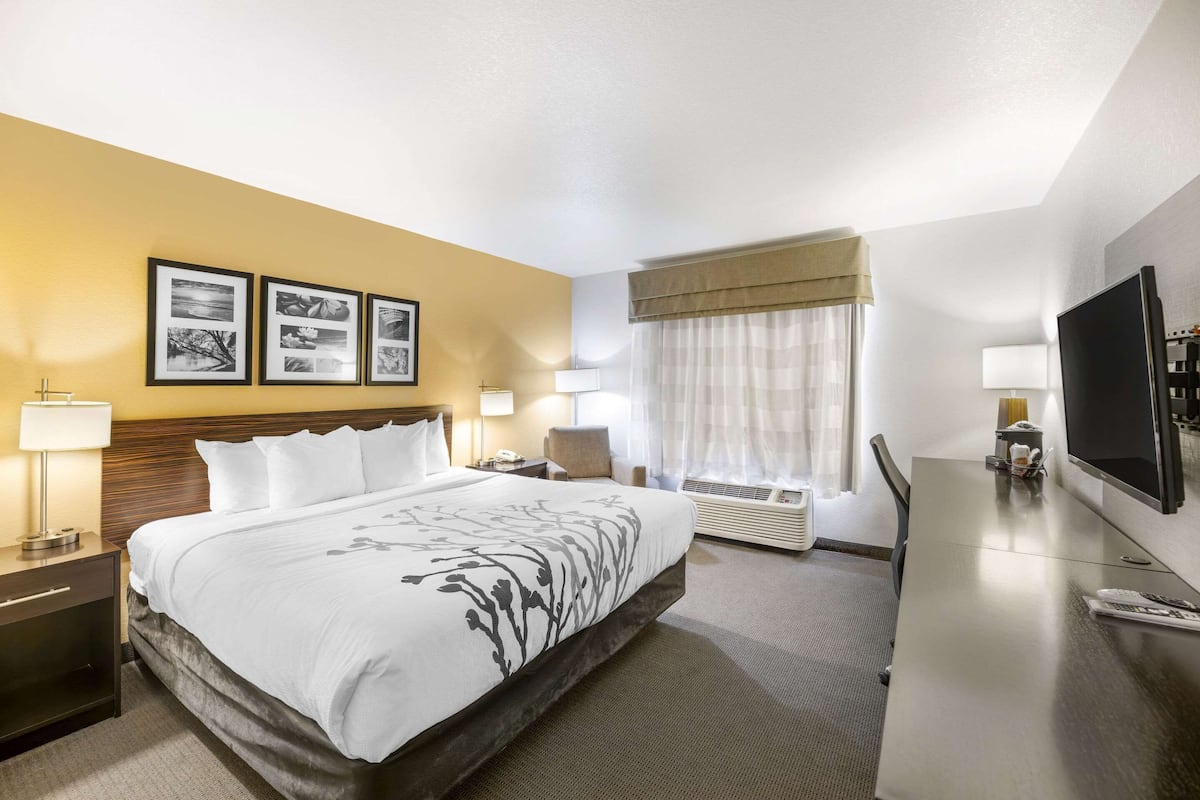 A hotel room with a large bed, bedside tables, a desk with a chair, a flat-screen TV, and framed pictures on the wall.