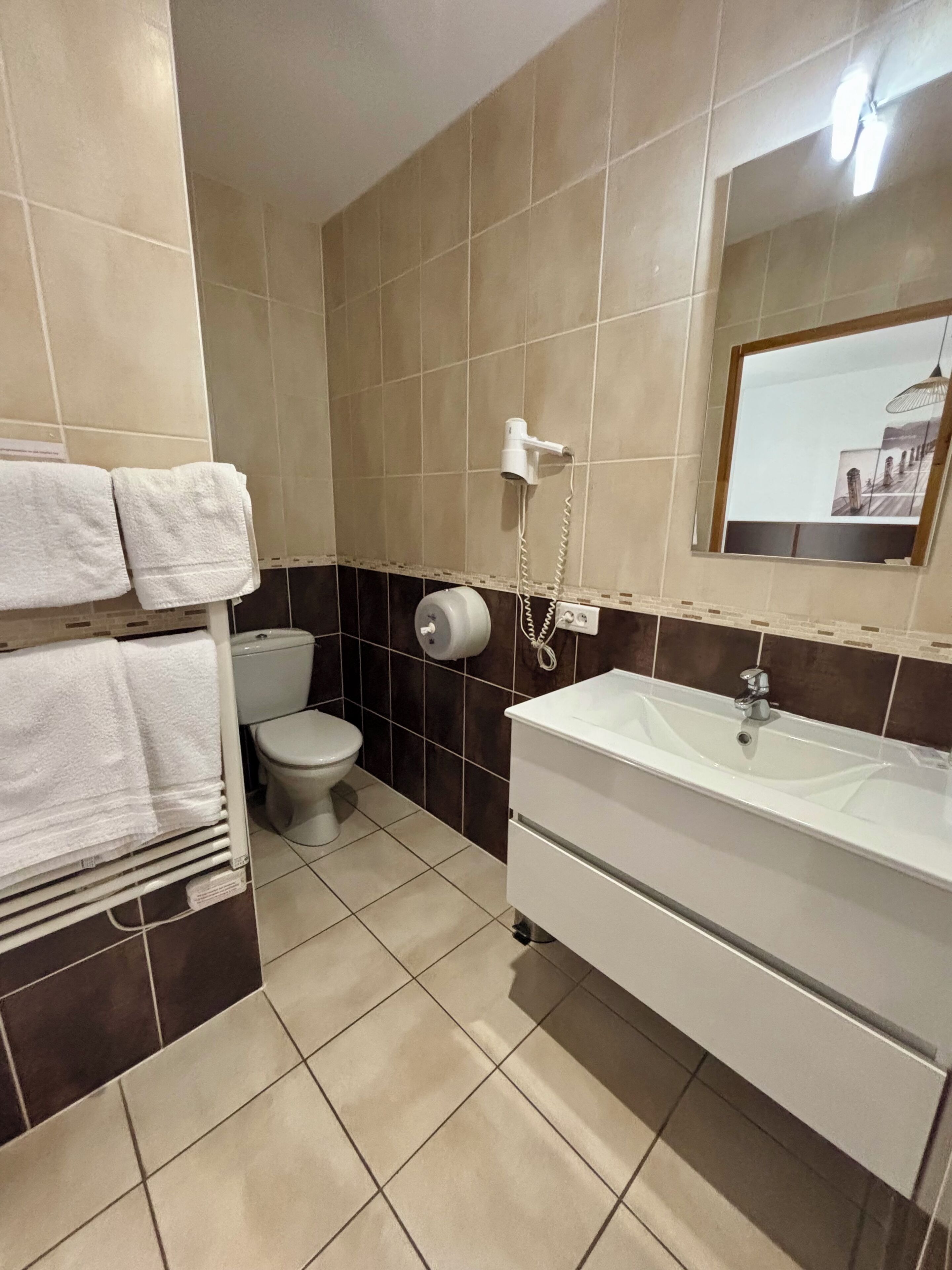A bathroom with a toilet, sink, towel rack, and a mirror.