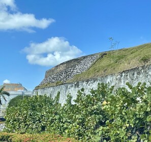 A large stone wall with a steep incline, a building with a dome structure, and lush greenery in the foreground. - Navona Studios (San Juan)