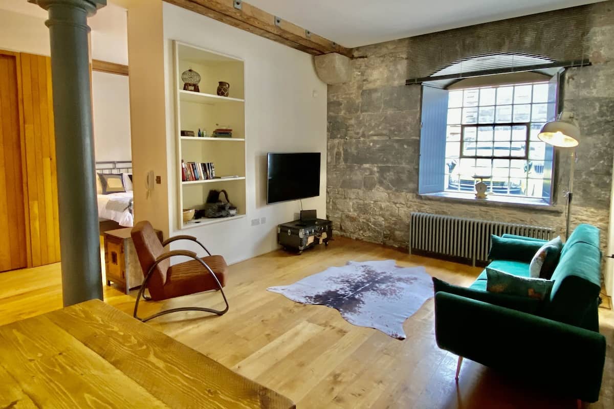 Un salon avec un plancher en bois, un canapé vert, un tapis en cuir, une télévision et un mur en pierre.