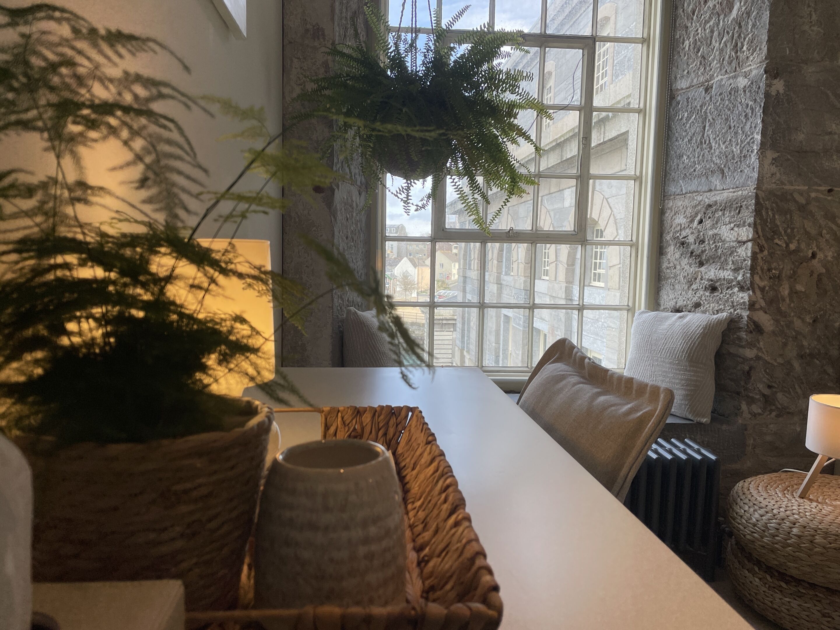 Zona menjador moderna amb una taula llarga, cistos de vimetla i una planta penjant.