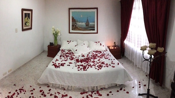 A bedroom with a bed covered in rose petals, a painting on the wall, and a nightstand with a lamp. - Hotel Bolivar Plaza Manizales (Manizales)