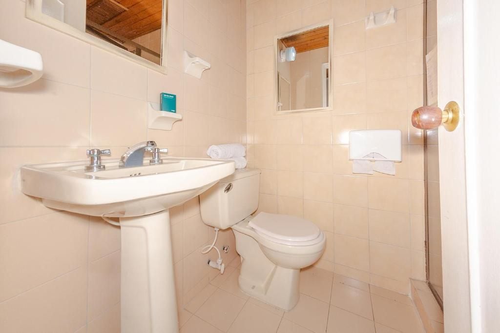 A bathroom with a white sink, toilet, and a mirror above the sink.