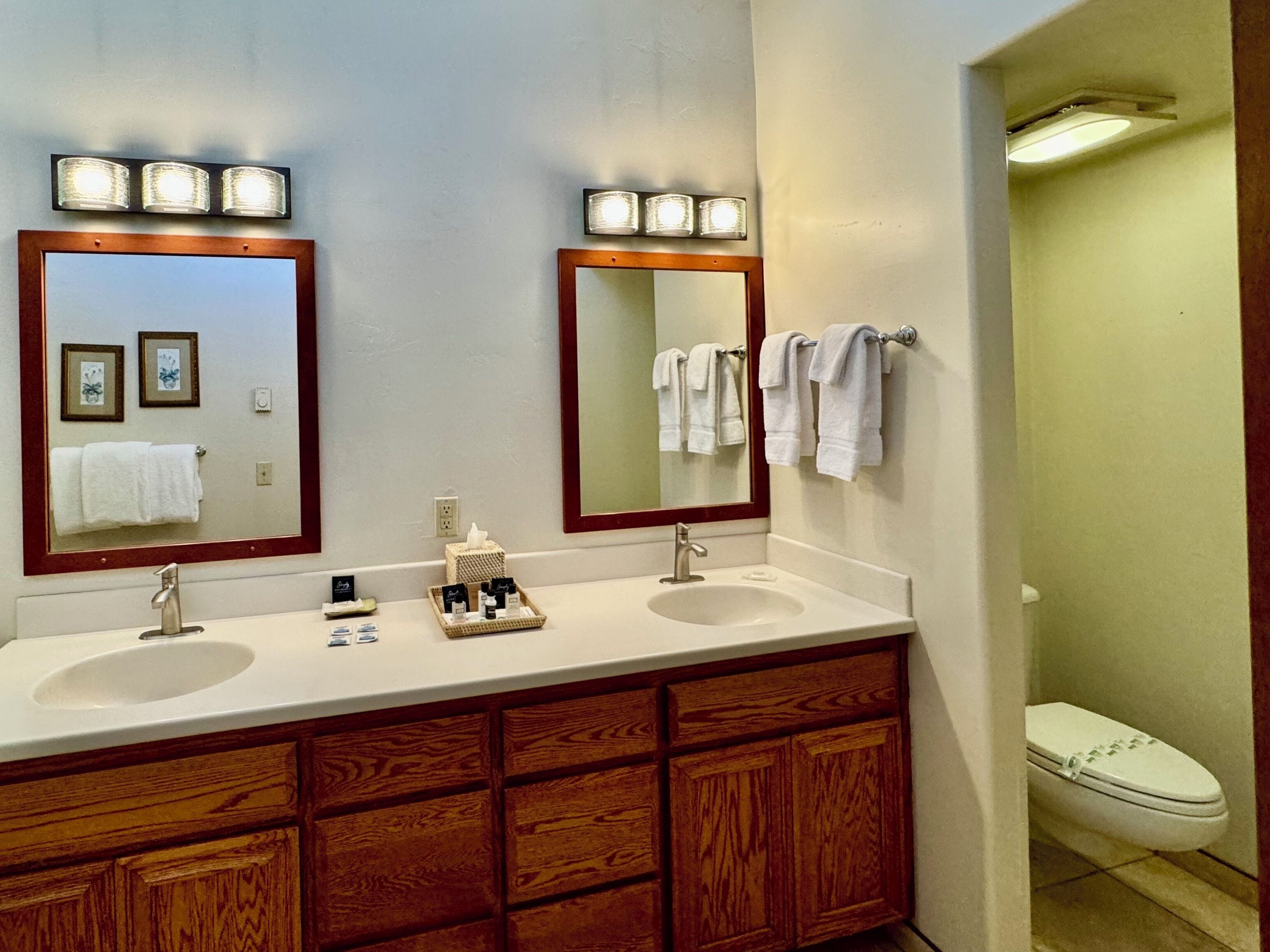 A bathroom with two sinks, wooden cabinets, a mirror, and a toilet.