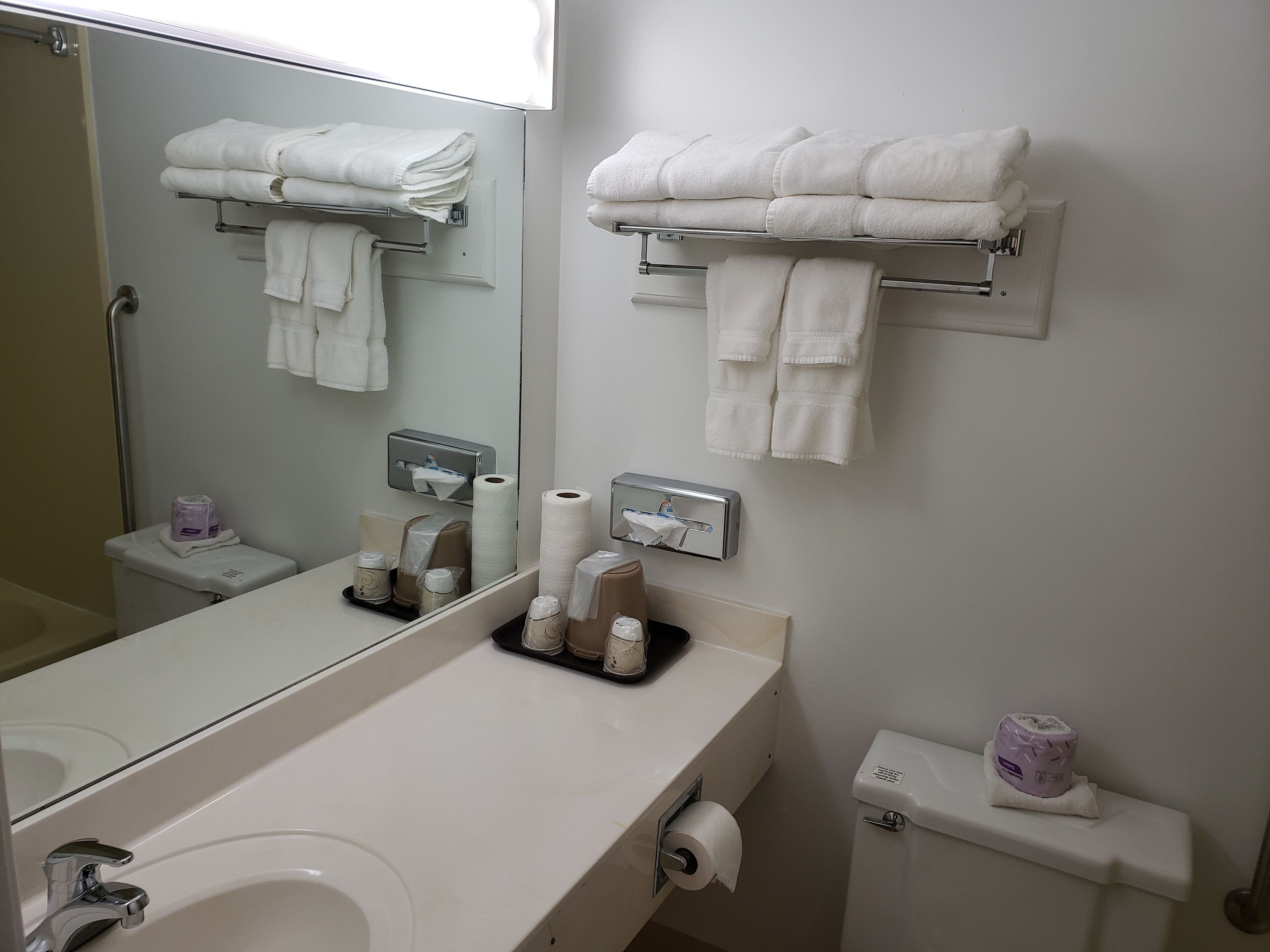 A bathroom with a sink, mirror, towel rack, toilet paper dispenser, and a toilet.