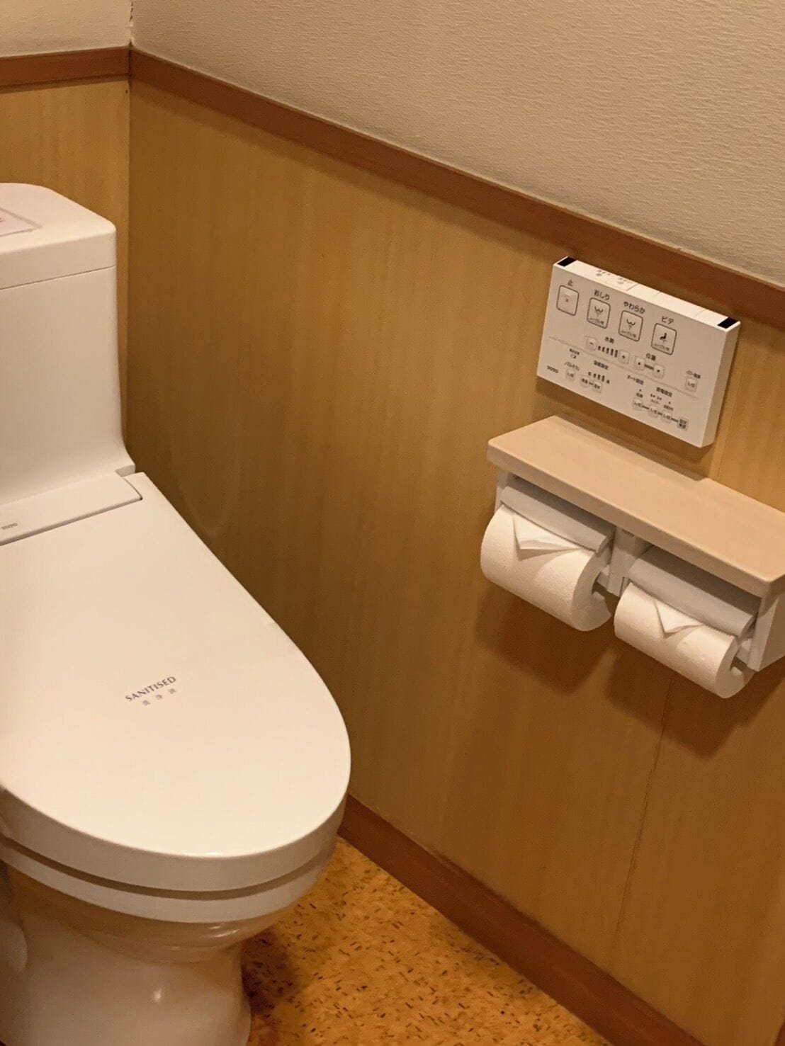 A white toilet with a toilet paper holder mounted on the wall.