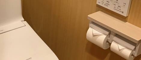 A white toilet with a toilet paper holder mounted on the wall.