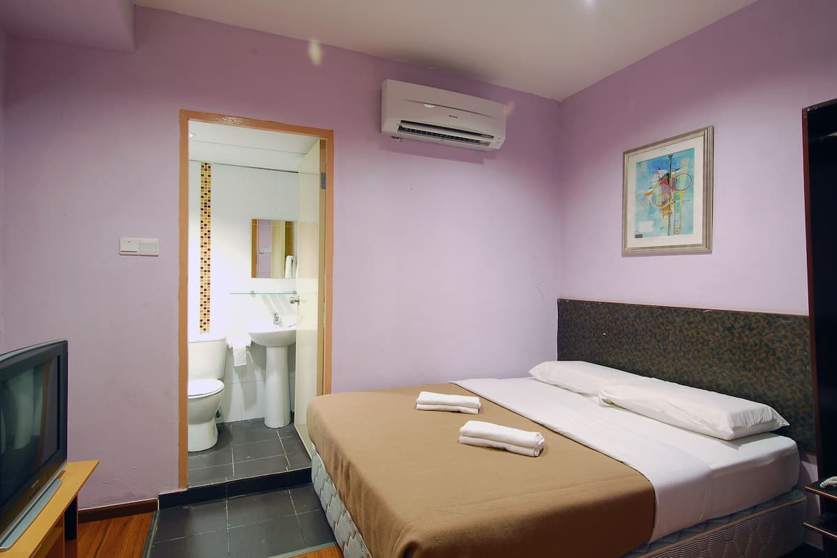 Een hotelkamer met een bed, een televisie, een airconditioner, een schilderij en een badkamer zichtbaar door een geopende deur.