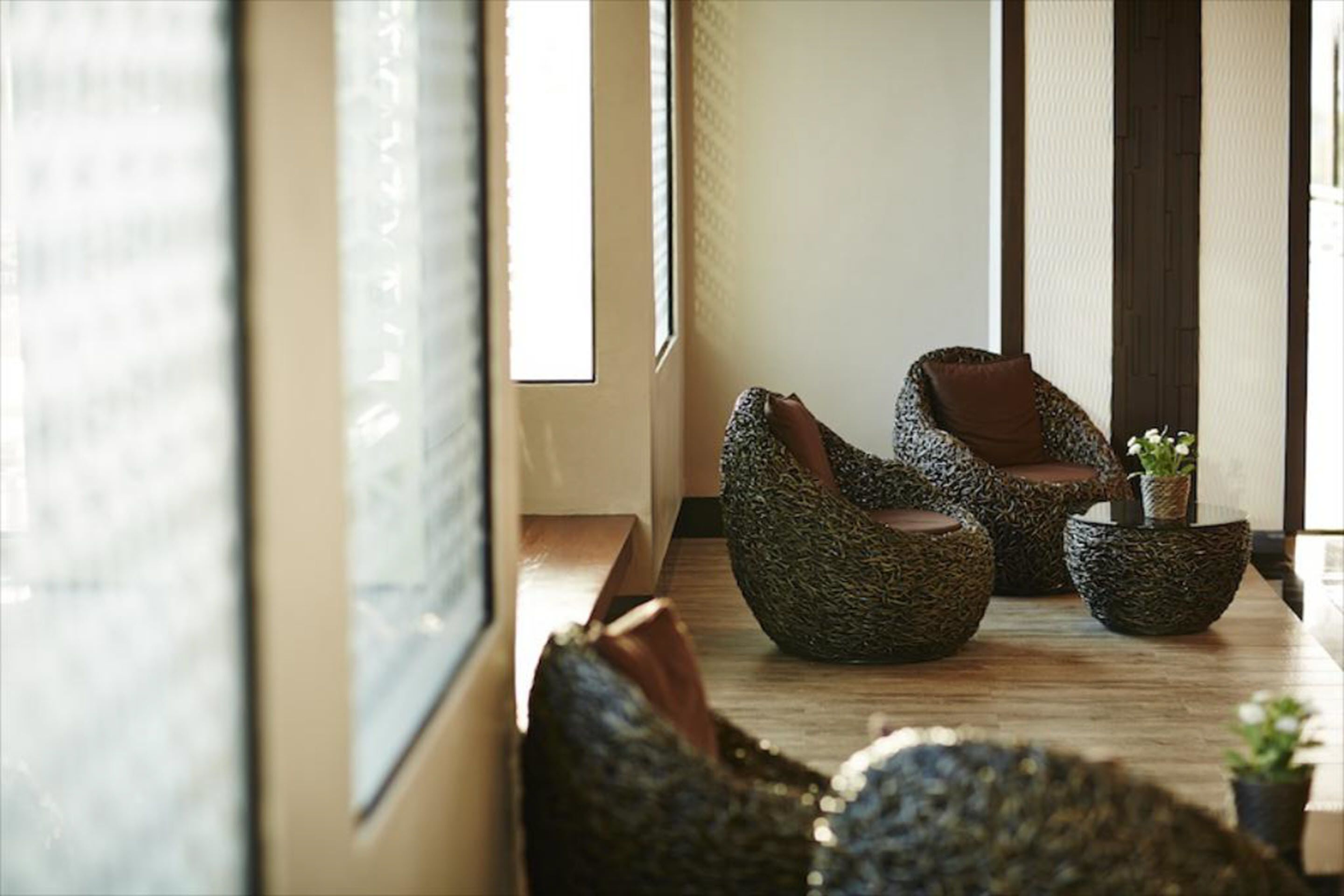 A modern interior with a seating area featuring two unique, textured chairs and a small table with a plant.
