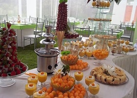 Una mesa de buffet con diversos alimentos y un centro de mesa decorativo.