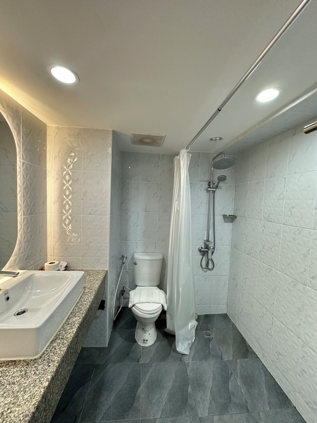 A modern bathroom with a freestanding bathtub, a shower, and a toilet.
