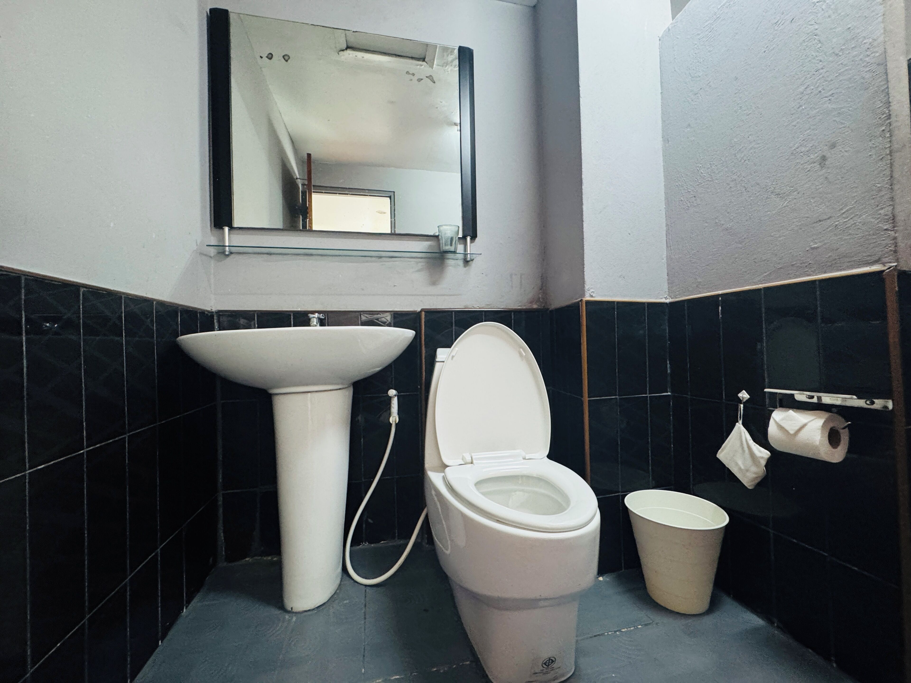 A bathroom with a sink, toilet, and a mirror.