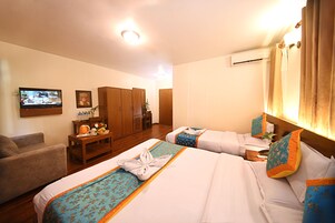 Habitación de hotel con dos camas, un sofá, un televisor, un escritorio con una planta y un armario.