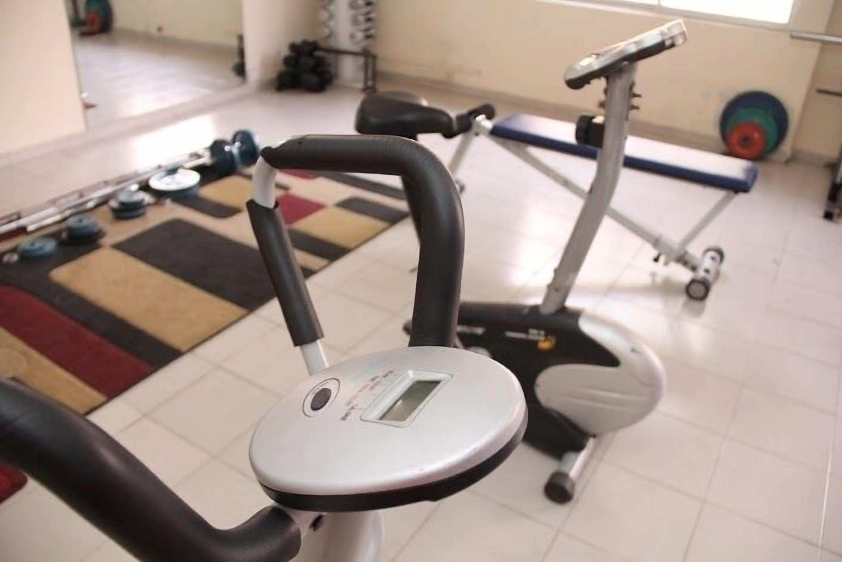 A home gym with an exercise bike, a treadmill, and weight plates.