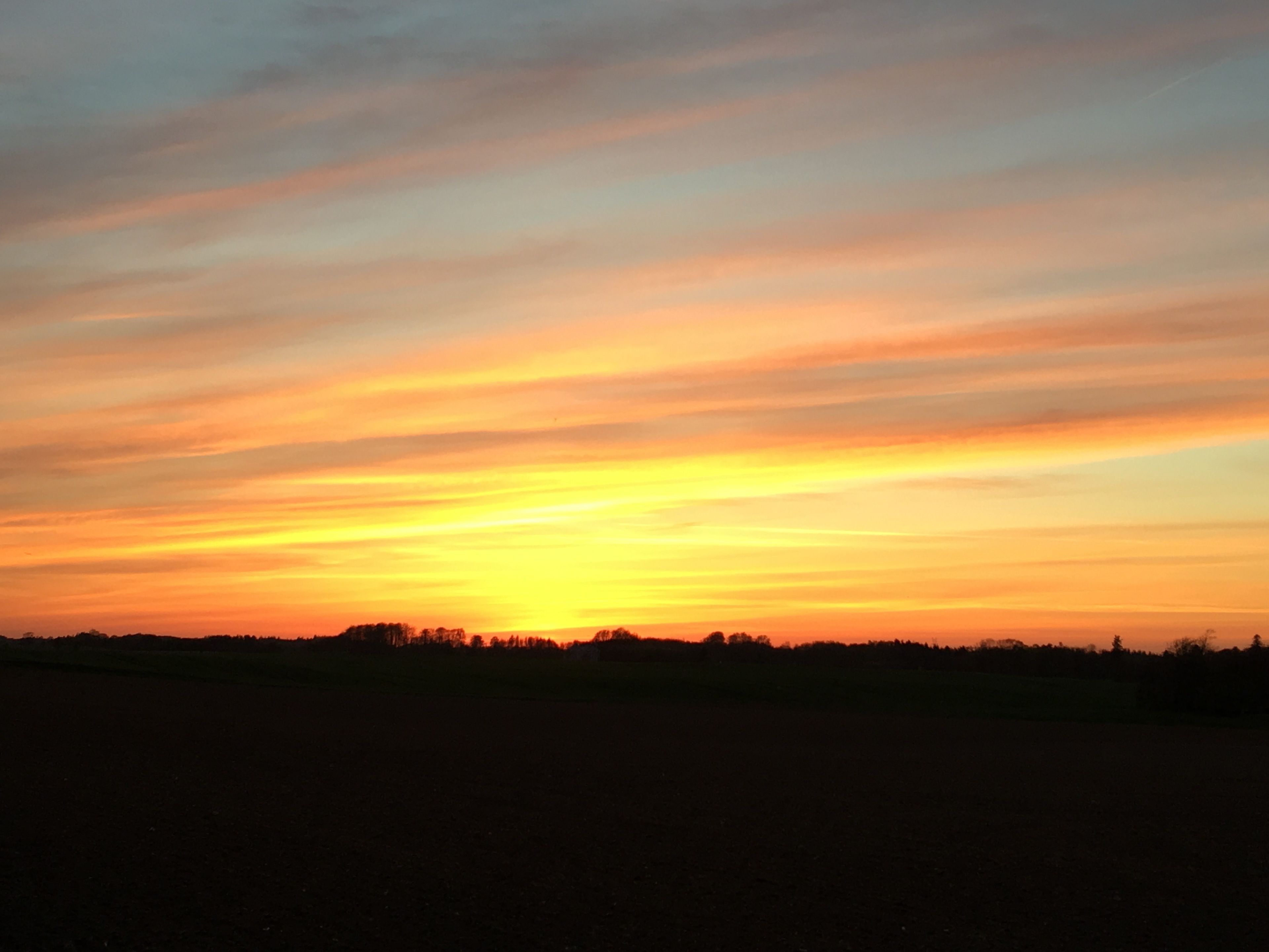 Un coucher de soleil sur un paysage plat, avec une ligne d’horizon.