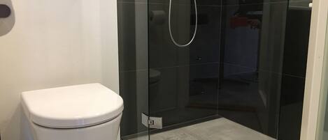 A modern bathroom with a white toilet, a glass-enclosed shower, and a light switch on the wall.