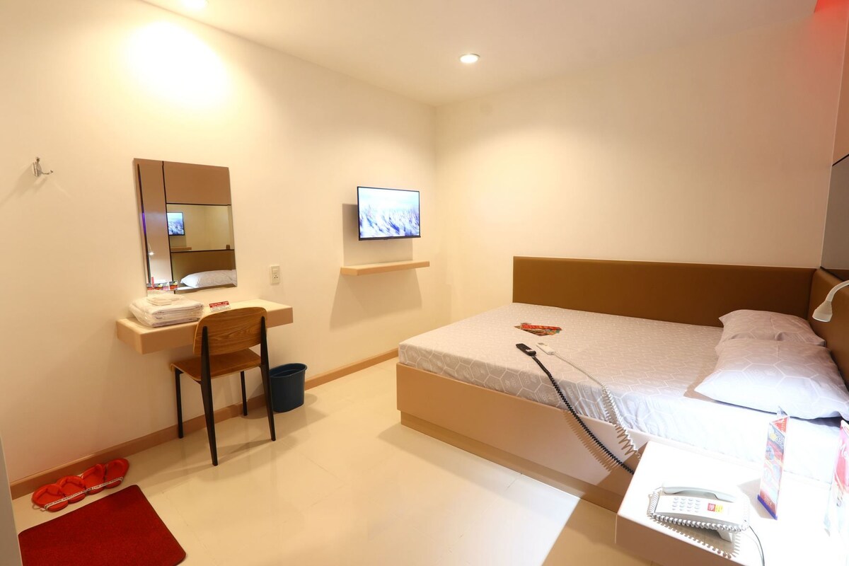 Una habitación de hotel con cama, escritorio, silla, televisor y un tapete rojo.
