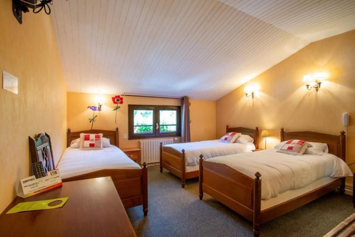 Hotelkamer met twee houten bedden, een kleine tafel met telefoon en een raam met uitzicht op groen.