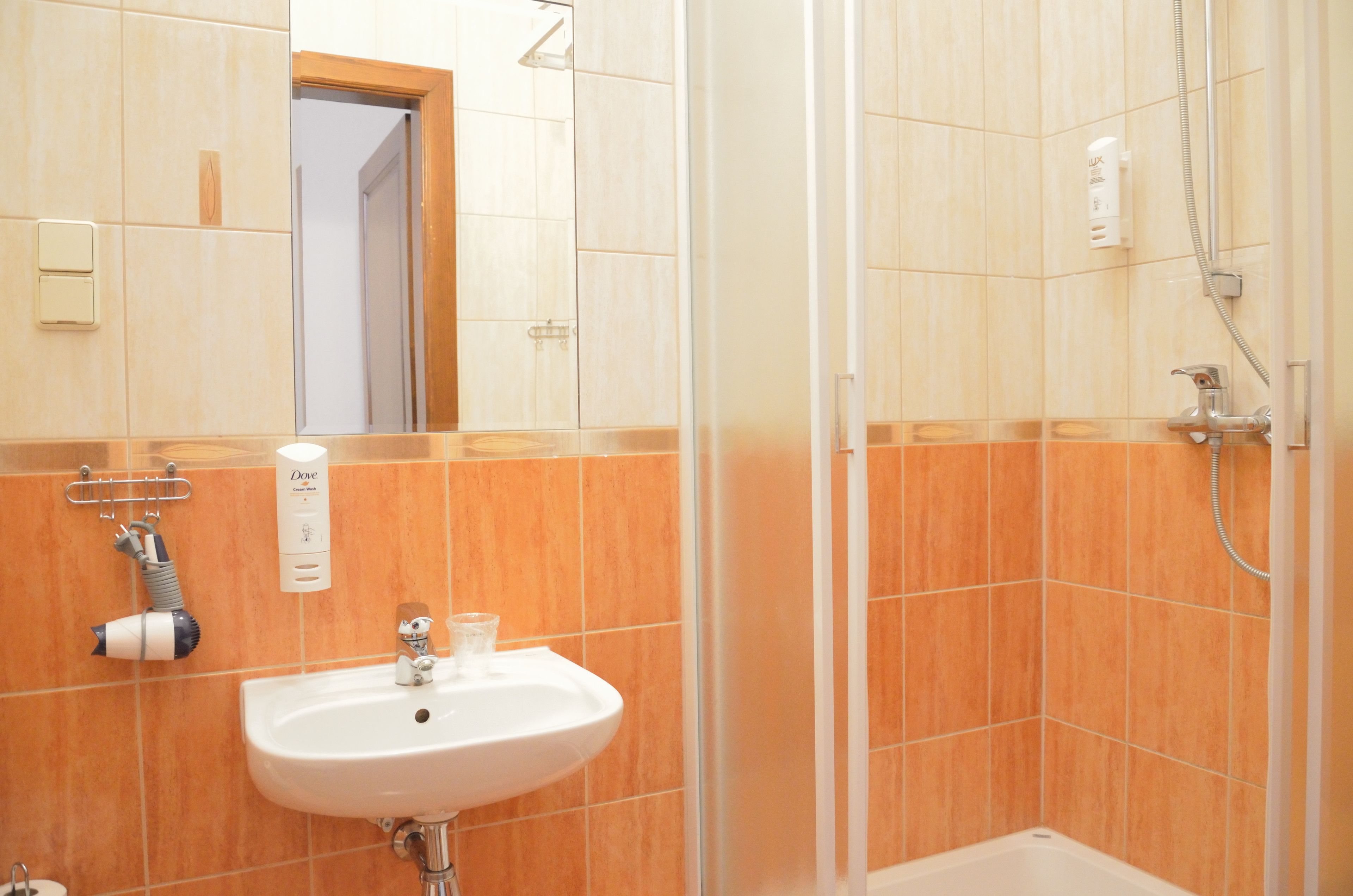 shower, designer toiletries, hair dryer, towels