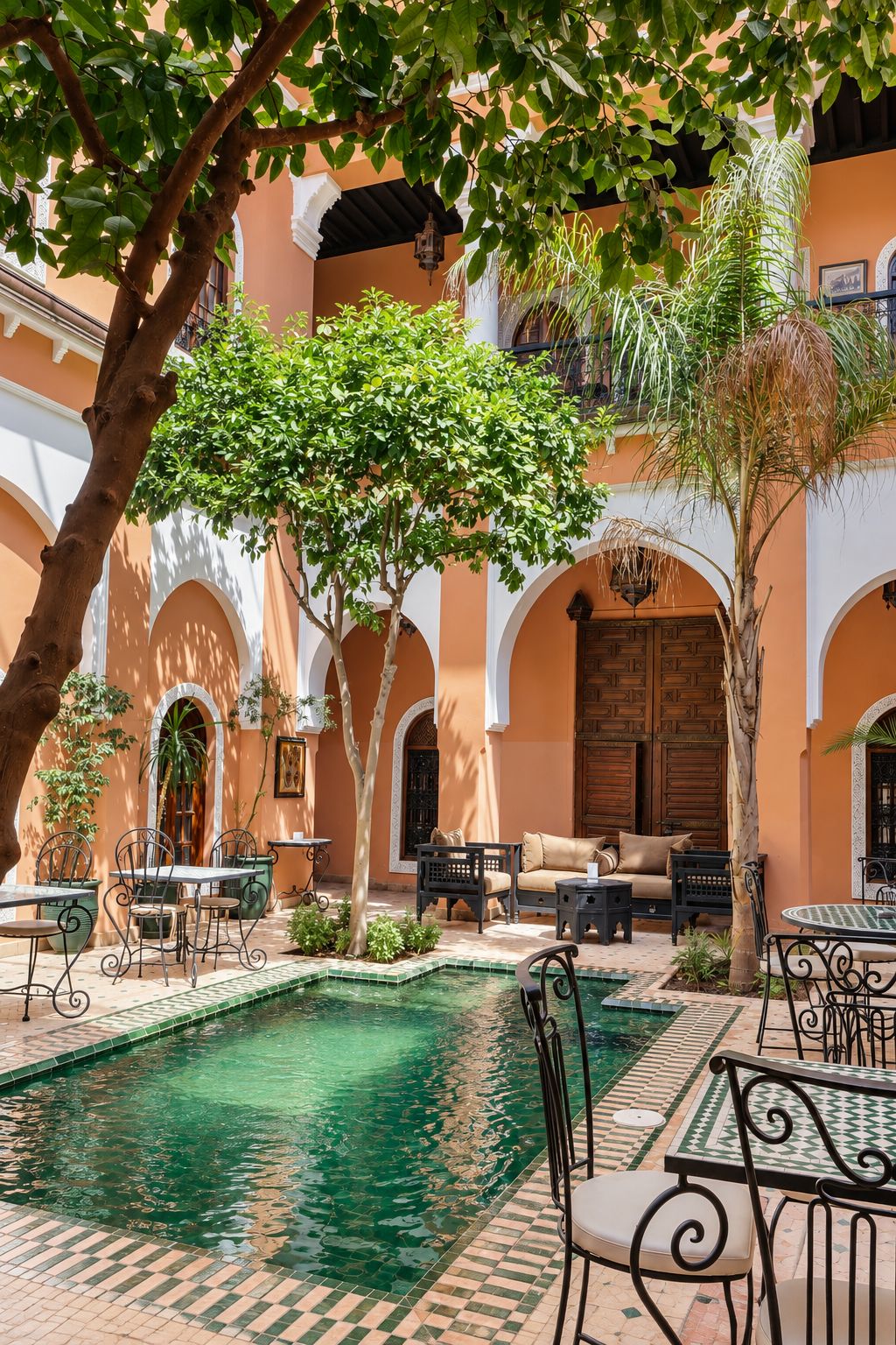 Une cour dotée d’une piscine, d’un espace salon extérieur et présentant un style architectural traditionnel.