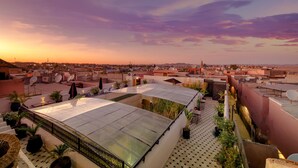 Una terrazza sul tetto con piante in vaso, posti a sedere all'aperto e vista sulla città al tramonto.
