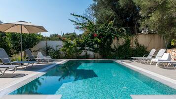 Seasonal outdoor pool, pool umbrellas, pool loungers