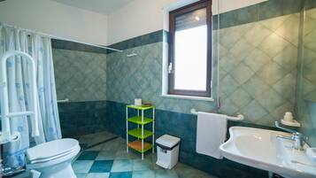 A bathroom with a toilet, sink, and shower area.