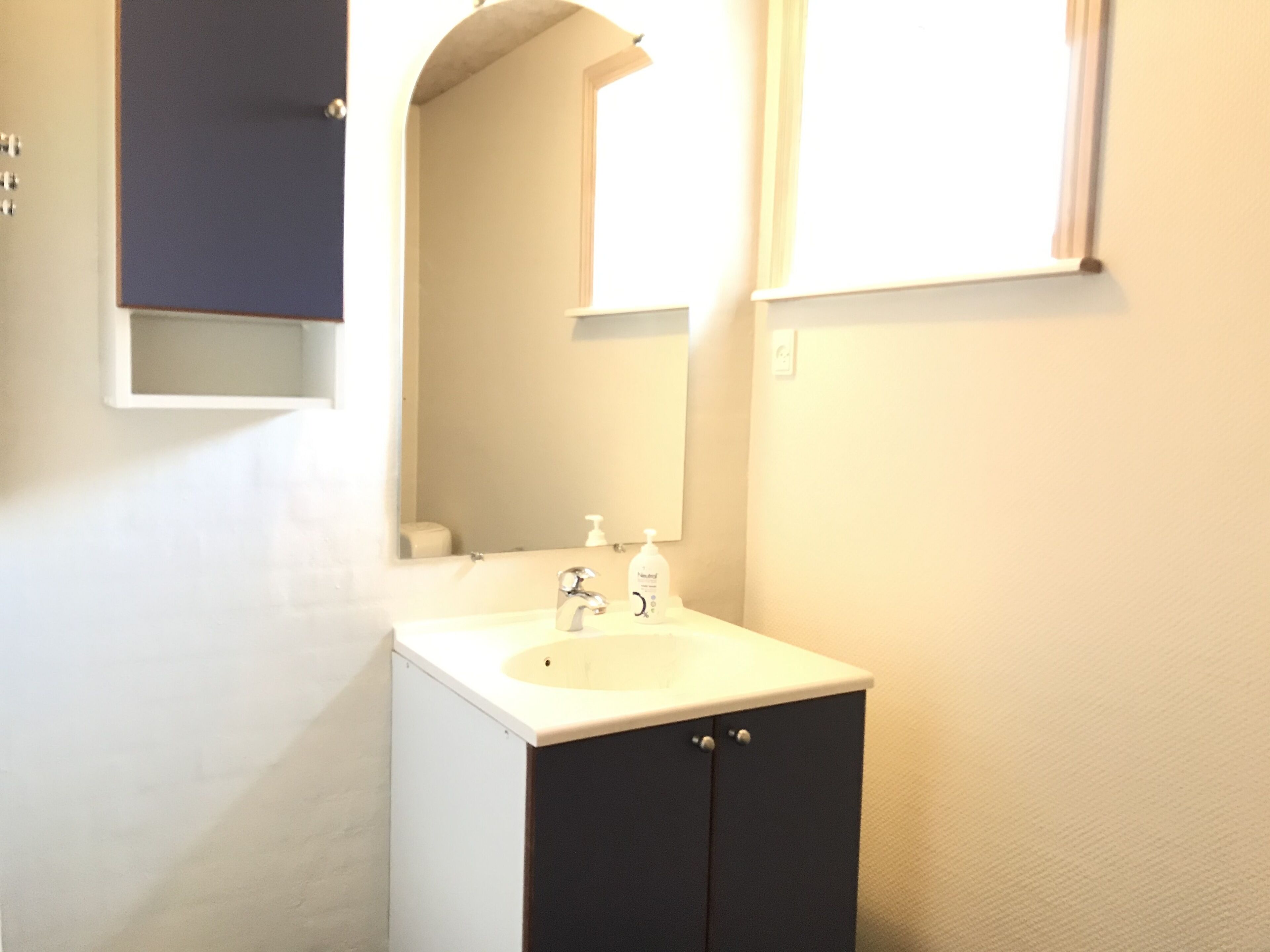 Une salle de bain avec un lavabo, un miroir et un meuble de rangement.
