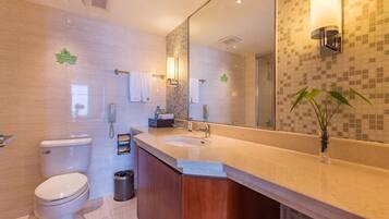 Douche, articles de toilette gratuits, sèche-cheveux, chaussons