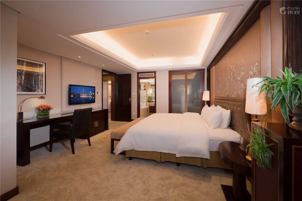 A hotel room with a bed, desk, chair, TV, and a plant.