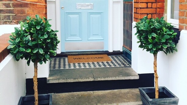 A light blue door with a number "30" above it, flanked by two potted plants on either side.