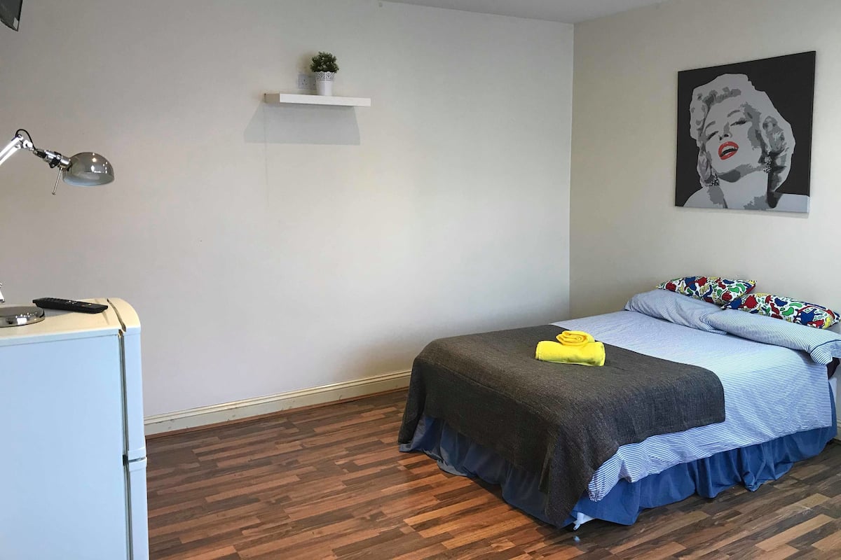 A bedroom with a bed, a desk, a lamp, a shelf with a plant, and a wall art piece.
