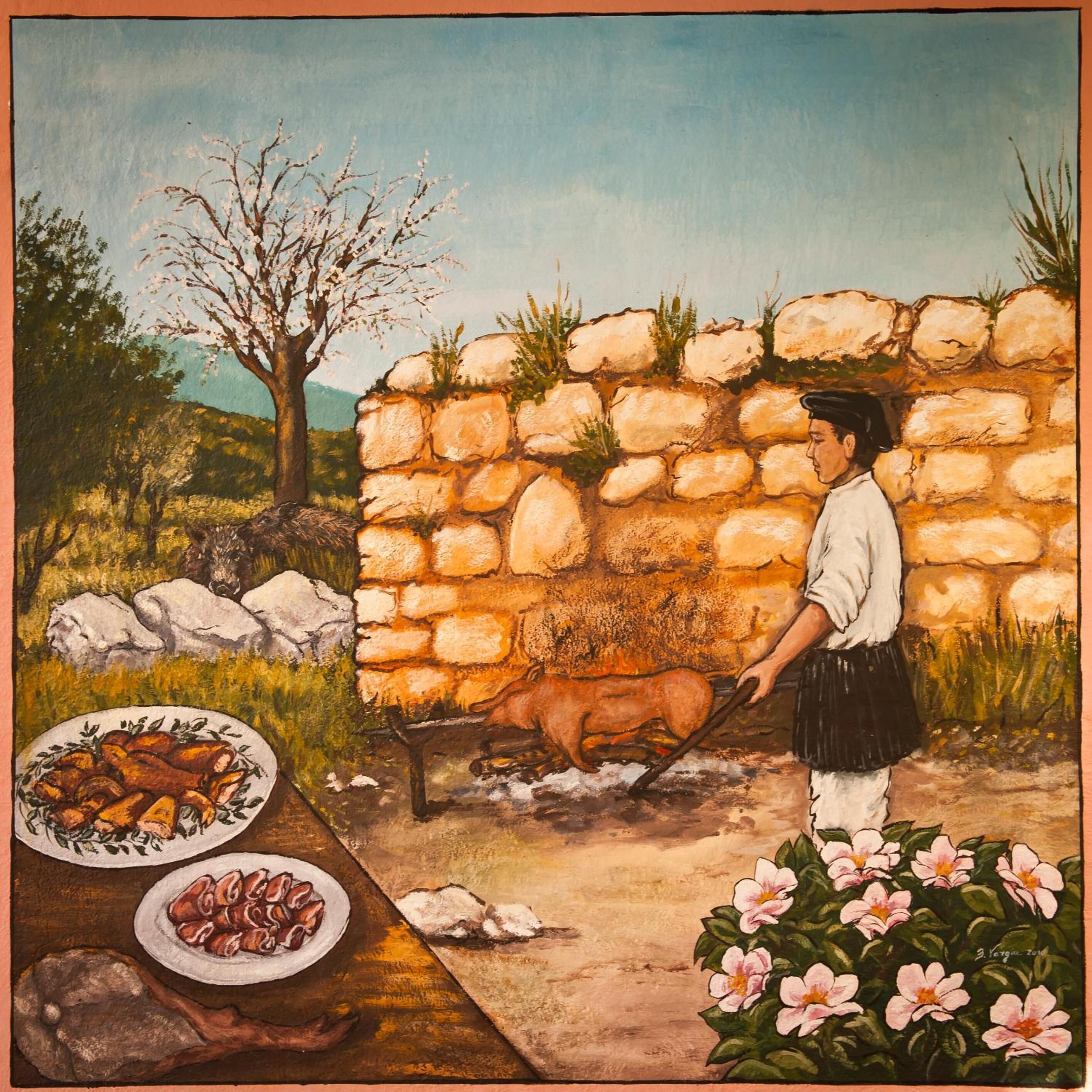 Une scène champêtre en plein air, avec un mur de pierres, une personne accompagnée d’un chien et des assiettes remplies de nourriture.