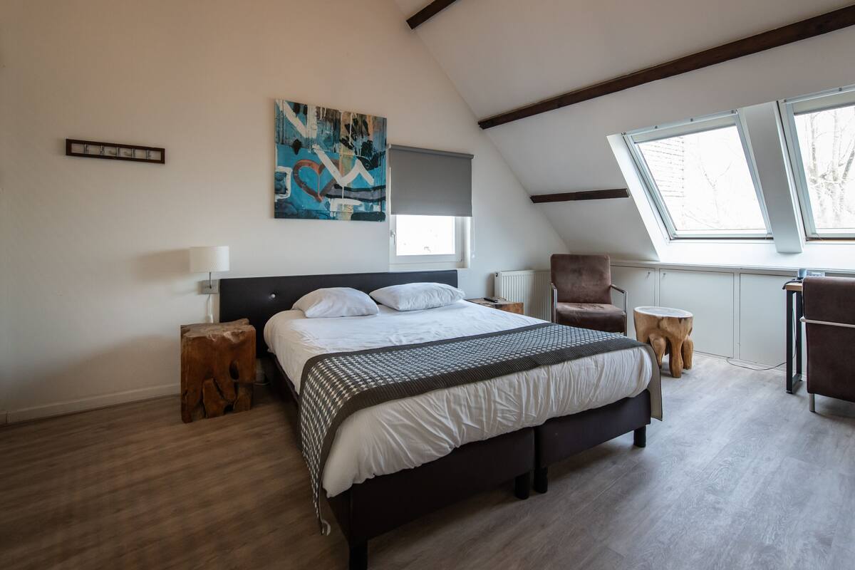 A modern bedroom with a large bed, a painting, a skylight, and a chair.