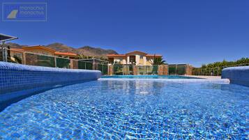 Outdoor pool, pool umbrellas, sun loungers