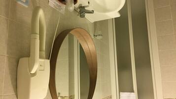 A bathroom with a toilet, a bidet, a mirror, and a shower area.