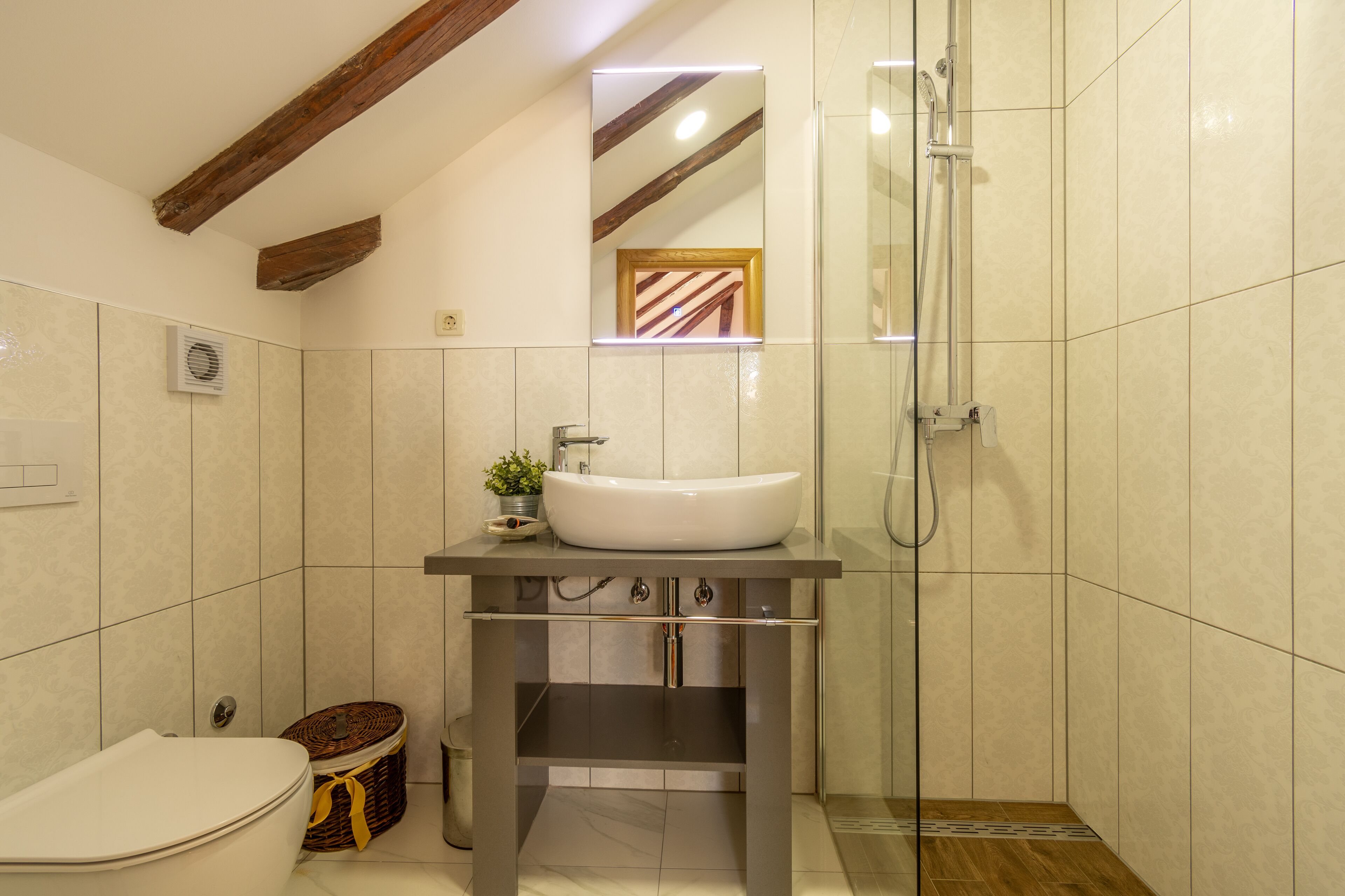 A bathroom with a white sink, a toilet, a shower, and a mirror above the sink.