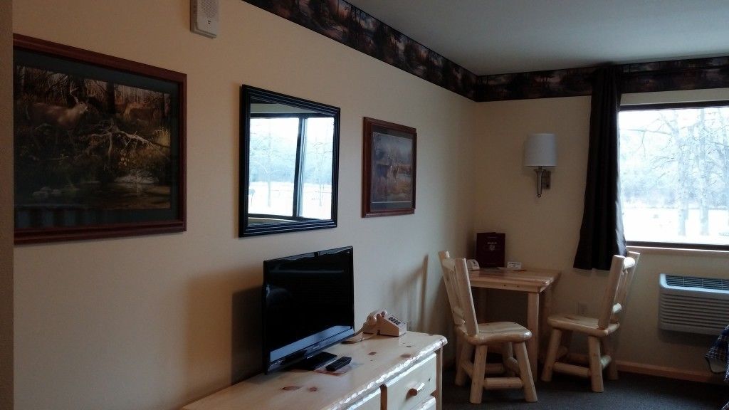 A hotel room with a TV, a desk with a chair, two framed pictures on the wall, and a window with a view of trees.