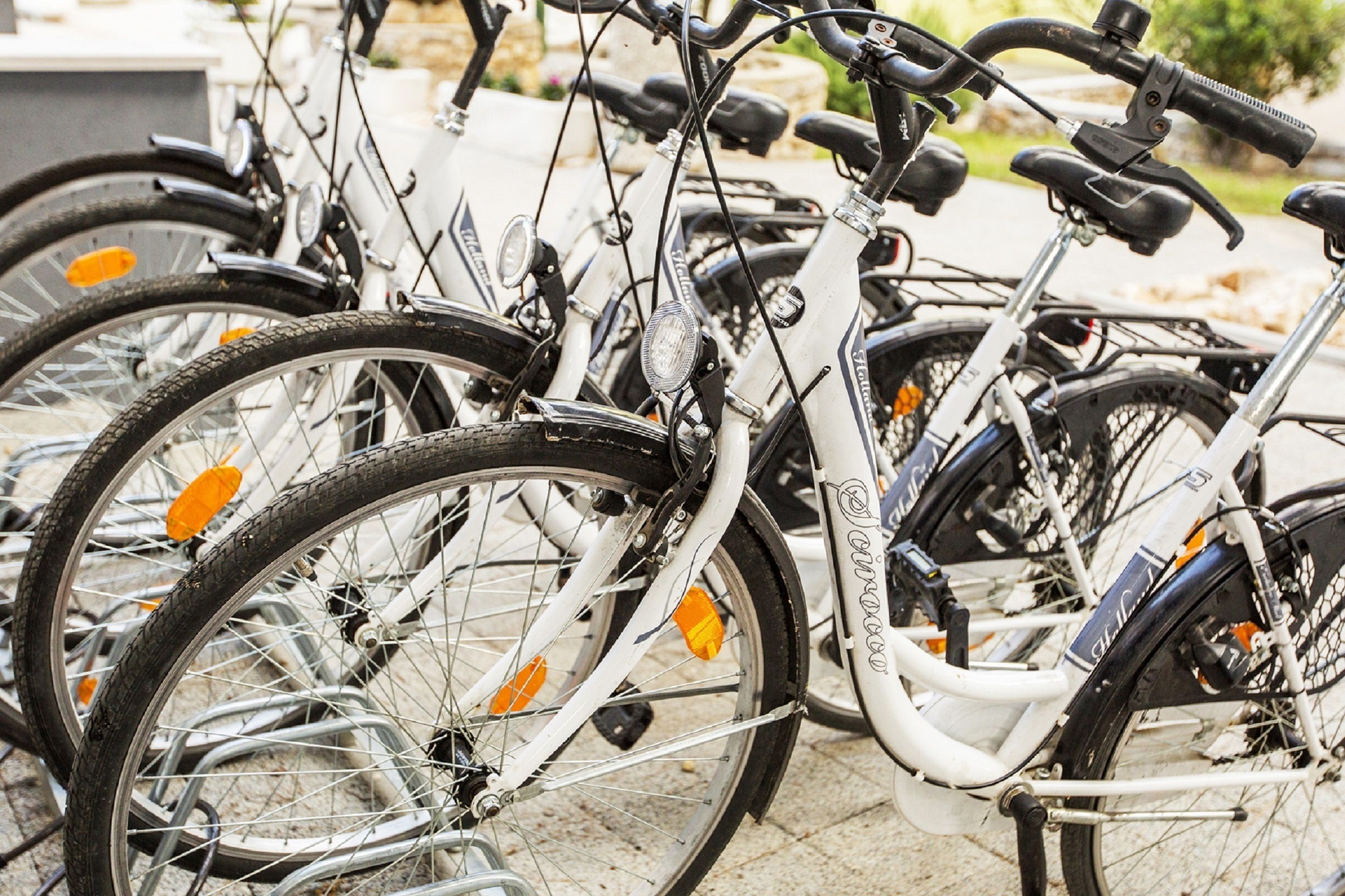 A row of bicycles parked closely together, likely in a bike-sharing station.
