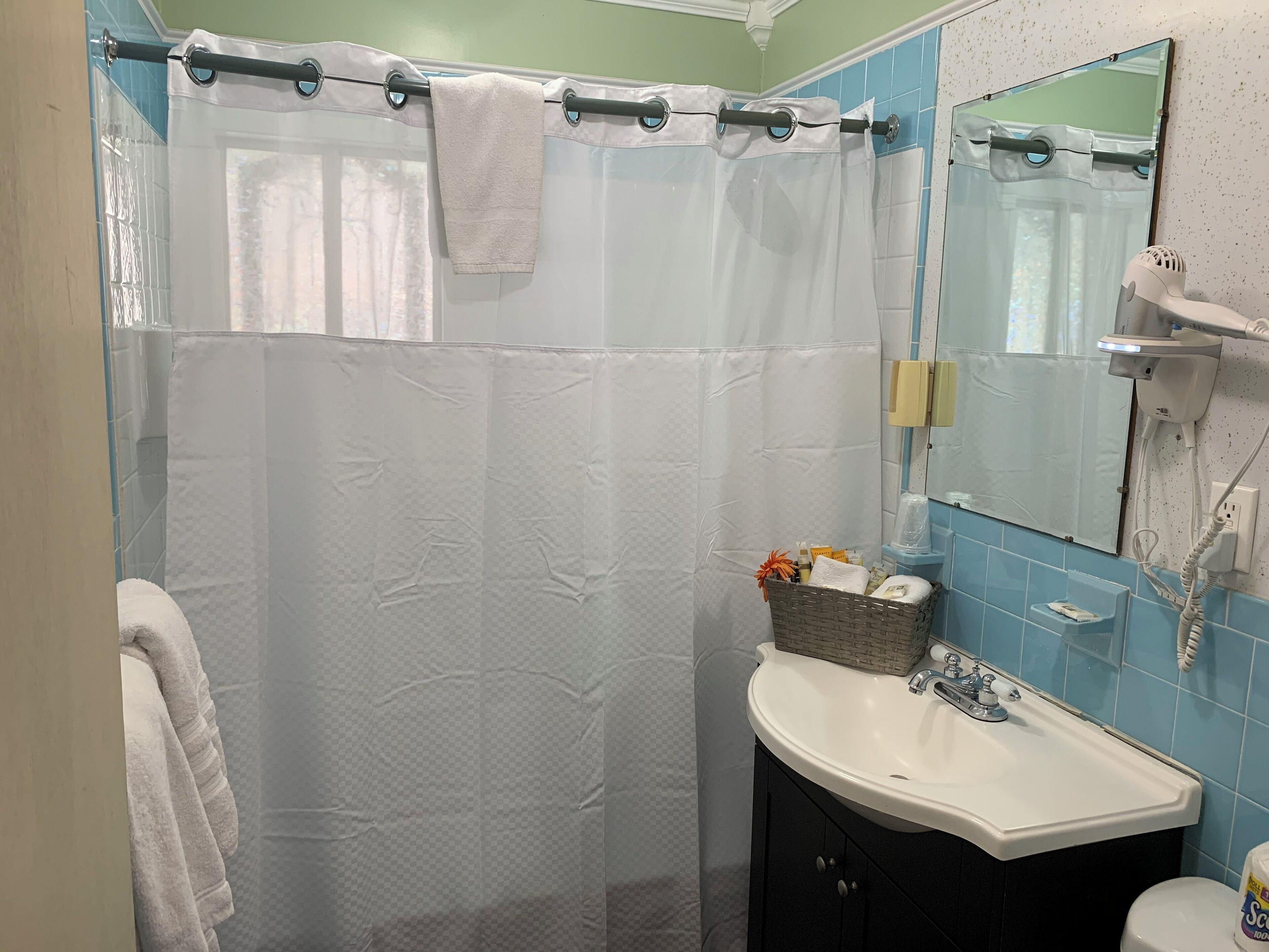 A bathroom with a shower curtain, a sink, a mirror, and a hairdryer on the wall.