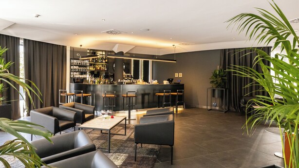 A modern living room with a bar area, leather sofas, a coffee table, and potted plants.