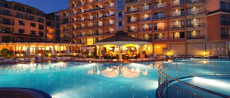 Indoor pool, pool umbrellas, pool loungers