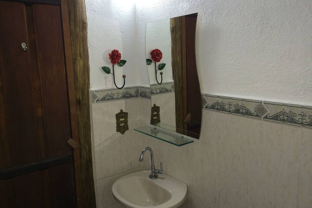 A bathroom with a white sink, a mirror, and a decorative red rose on the wall.